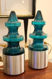 Pair of chrome and blue glass lamps