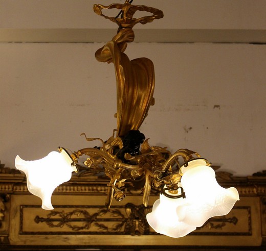 антикварная люстра в стиле ар-нуво из бронзы и стекла, 20 век