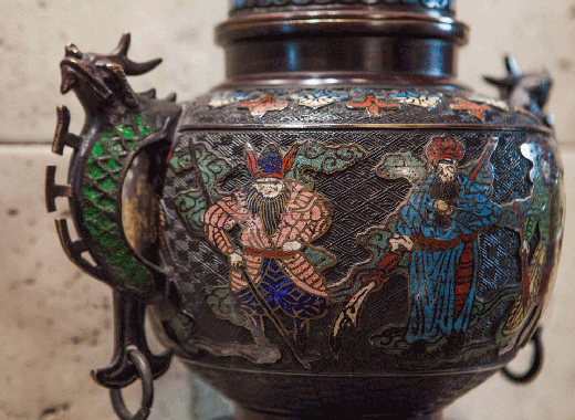old bronze incense burner with enamel