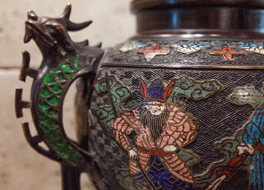 vintage bronze incense burner with enamel