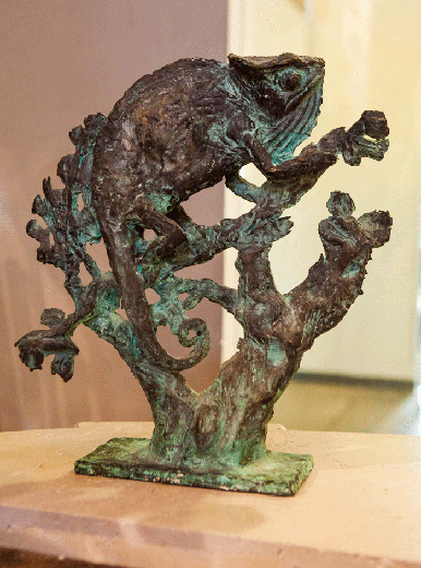 sculpture chameleon bronze with patina