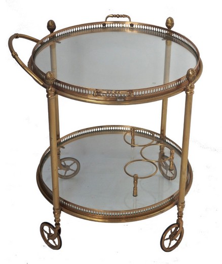антикварная мебель - столик на колесах из латуни и стекла