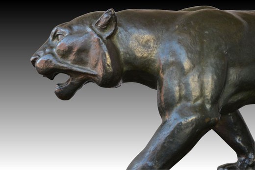 антикварная бронзовая скульптура тигр, мрамор, 20 век