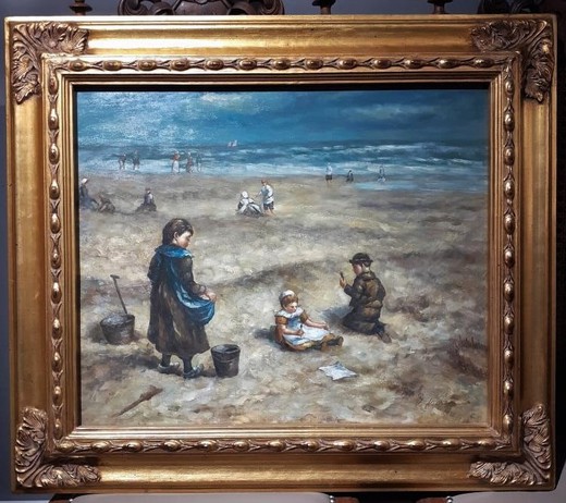 Антикварная картина «Дети на пляже»