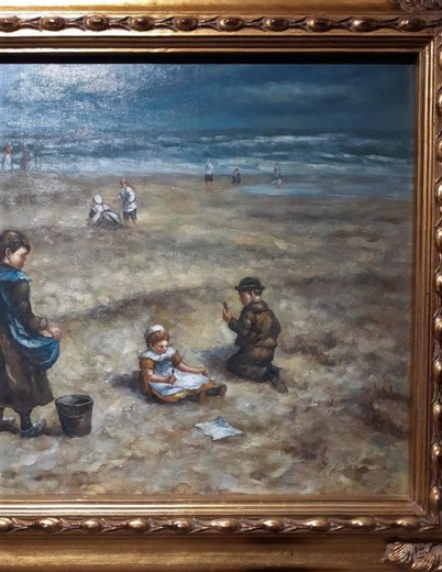 Антикварная картина «Дети на пляже»