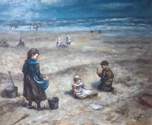 Antique painting "Children on the beach"