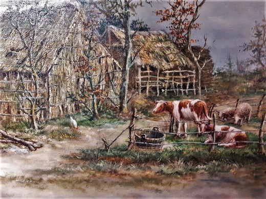 Антикварная картина «Сельский пейзаж»