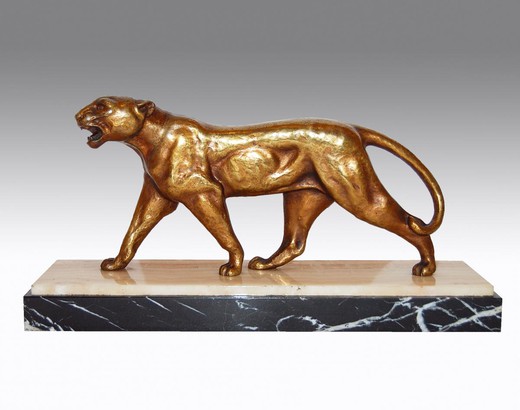 антикварная скульптура пантера из бронзы и мрамора, 20 век