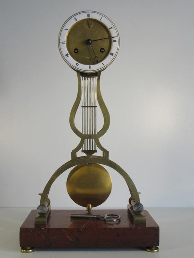 антикварные настольные часы лира из бронзы и мрамора, 19 век