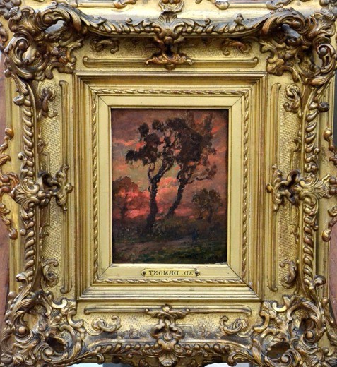 антикварная картина маслом, красное дерево, 19 век