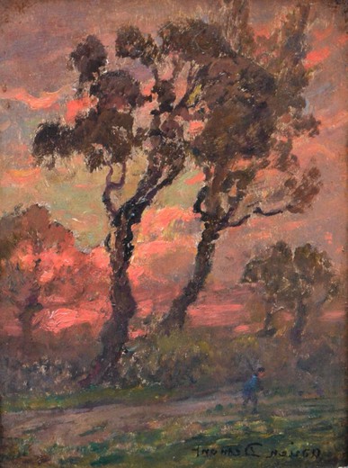 старинная картина маслом, красное дерево, 19 век