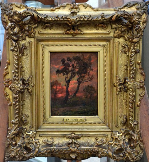 винтажная картина рассвет, масло, 19 век