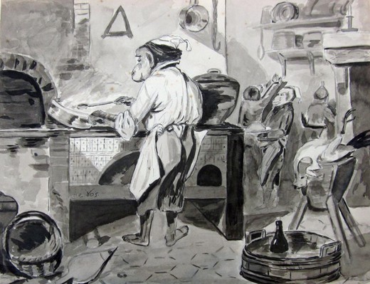 антикварная картина обезьяна готовит на бумаге, 19 век