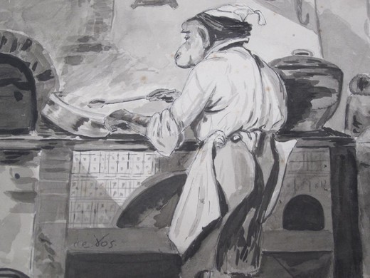 старинная картина обезьяна готовит на бумаге, 19 век