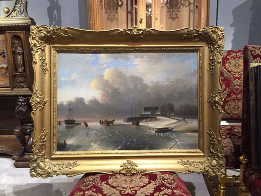 антикварная картина голландский пейзаж, 19 век
