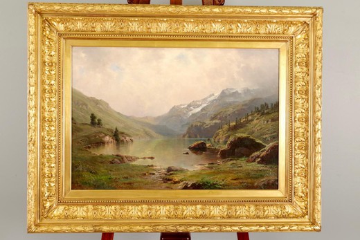 антикварная картина горное озеро, масло, 19 век