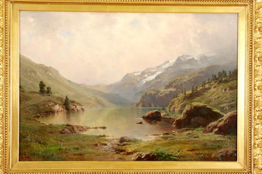 старинная картина горное озеро, масло, 19 век