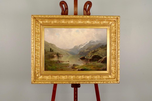 винтажная картина горное озеро, масло, 19 век