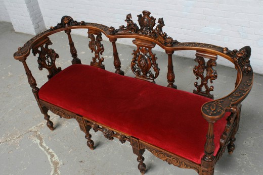 винтажная скамья в стиле ренессанс из ореха, 19 век