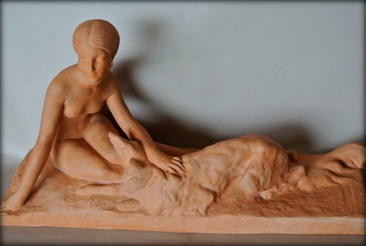 антикварная скульптура из терракота девушка с колли, ар деко, 20 век