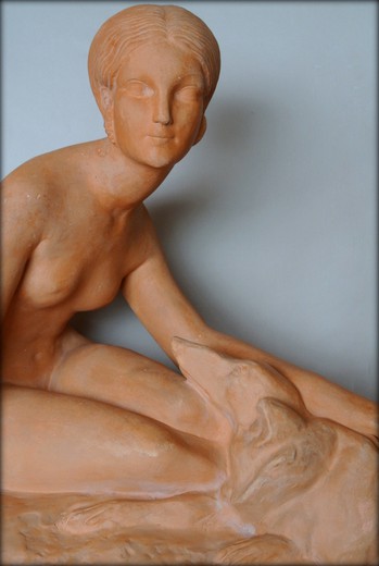 старинная скульптура из терракота девушка с колли, ар деко, 20 век