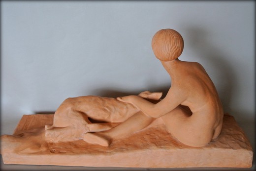 винтажная скульптура из терракота девушка с колли, ар деко, 20 век