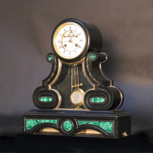 старинные настольные часы из мрамора и малахита, 19 век