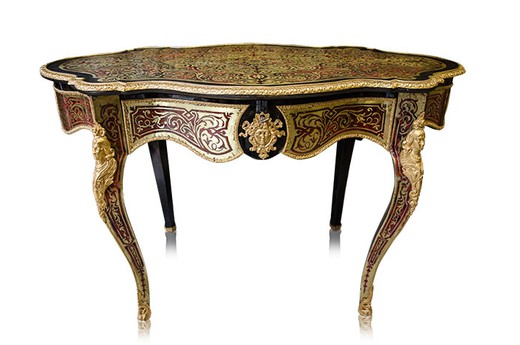 антикварный стол в стиле буль из латуни и дерева, 19 век