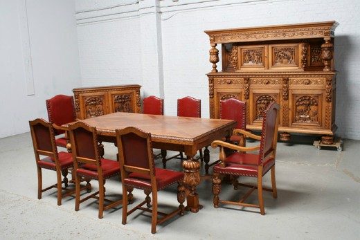 антикварный столовый гарнитур из дуба и кожи в стиле брейгель, 20 век