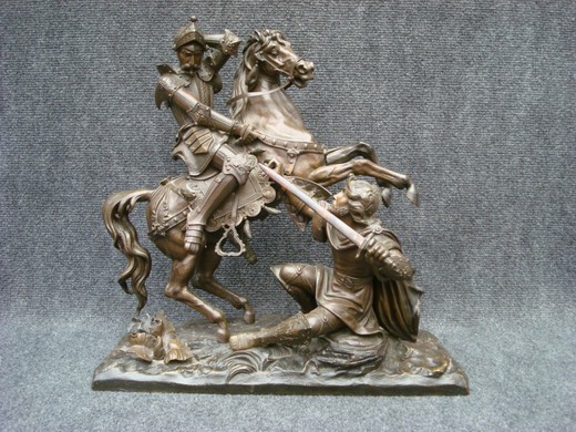 антикварная бронзовая скульптура битва воинов, 19 век