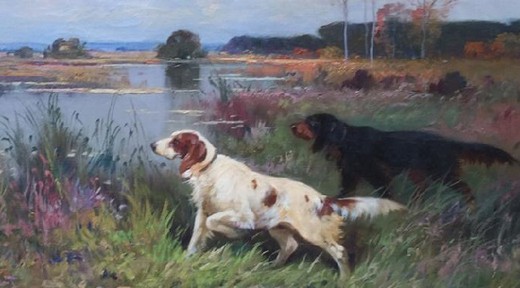Антикварная картина "Охотничьи собаки"