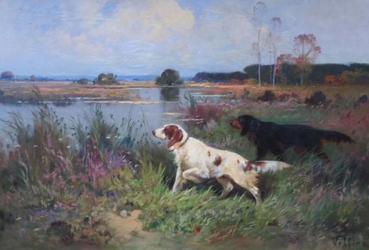 Антикварная картина "Охотничьи собаки"