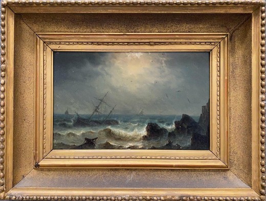 Antique pair paintings "Storm and Calm"