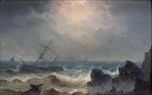 Antique pair paintings "Storm and Calm"