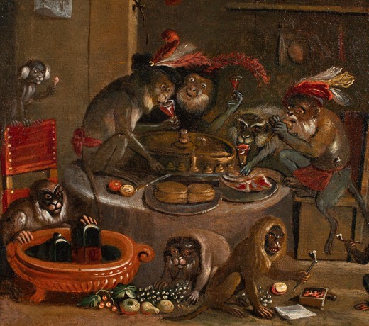 Antique painting "Banquet of monkeys"