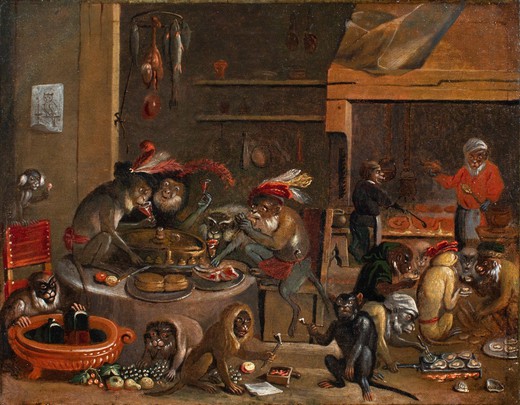 Antique painting "Banquet of monkeys"