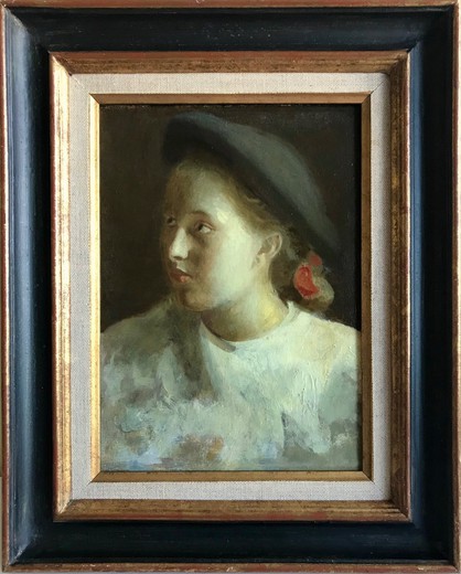 Antique painting a girl with a hat