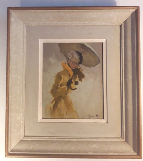 Антикварная картина «Девушка с жёлтым зонтиком»