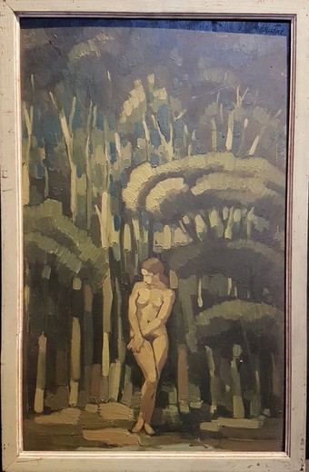 Antique painting "Woman in the forest"
