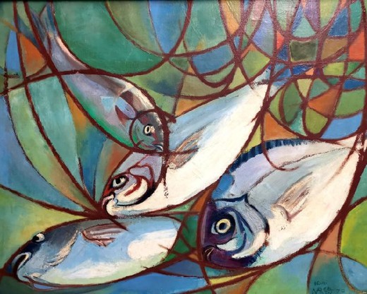 Vintage painting "Still life with fish"