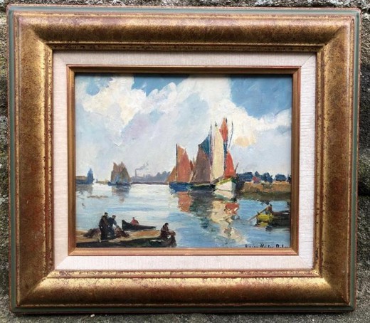 Антикварная картина «Порт в Конкарно»