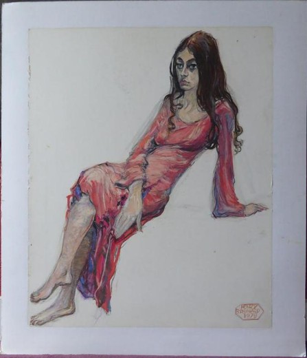 Vintage drawing "In a red dress"