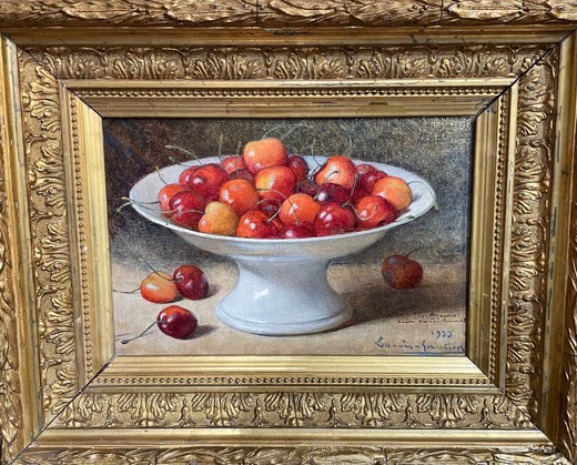 Antique painting "Still life with bird cherry"
