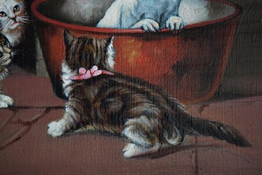 Антикварная картина «Котята и собака»