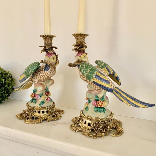 Antique pair of candlesticks "Parrots"