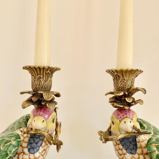 Antique pair of candlesticks "Parrots"