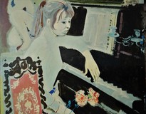 Antique painting a girl at the piano