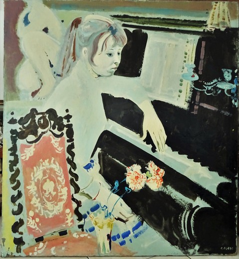 Antique painting a girl at the piano
