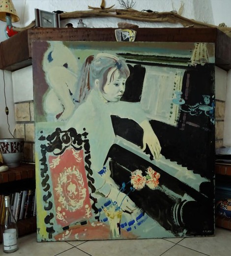 Antique painting a girl at the piano