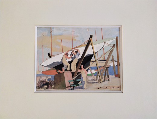 Антикварная гравюра «Строительство парусной яхты»